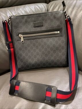 Gucci Black Messenger Bag with Red-Blue Web Strap